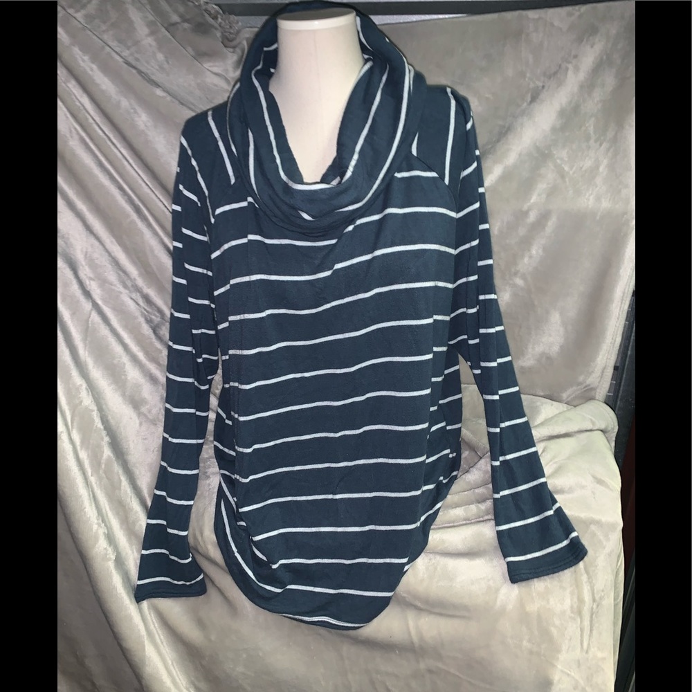 Blue and stripe white cowl sweater